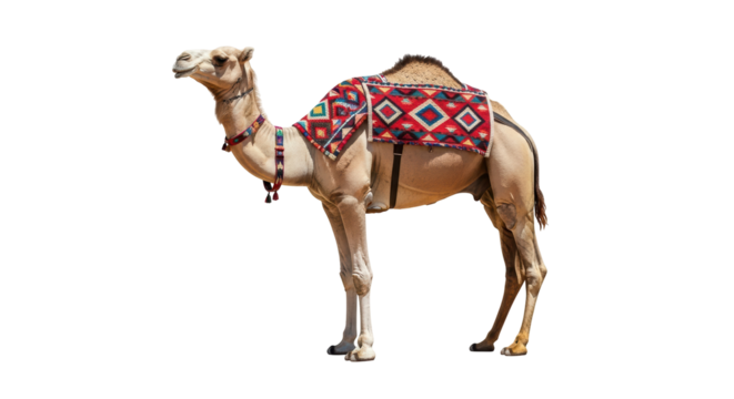Isolated camel wearing a colorful blanket saddle on its back in desert landscape. Animal portrait