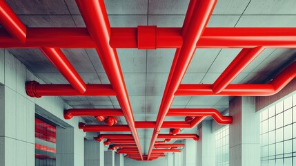 Vibrant red pipes create a striking industrial aesthetic in a modern building.