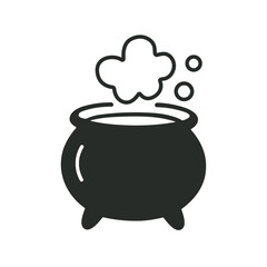 Simple black vector illustration of a boiling cauldron icon with steam rising. Ideal for representing magic, witchcraft, Halloween themes, or potion brewing concepts in design projects.