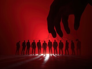 A dramatic scene depicting control and influence with silhouette figures against red backdrop.