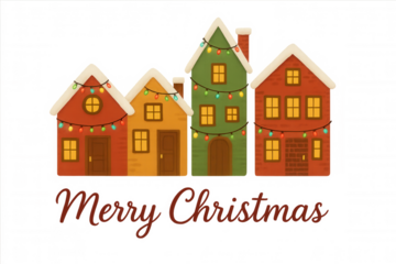 Christmas town street with buildings decorated for holiday season, greeting card with merry christmas lettering