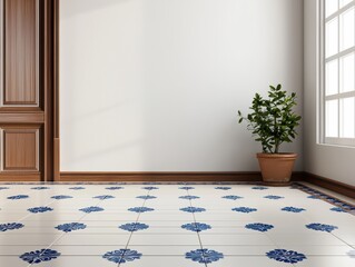 Bright and inviting room with patterned floor and indoor plant.