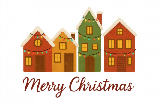 Christmas town street with buildings decorated for holiday season, greeting card with merry christmas lettering
