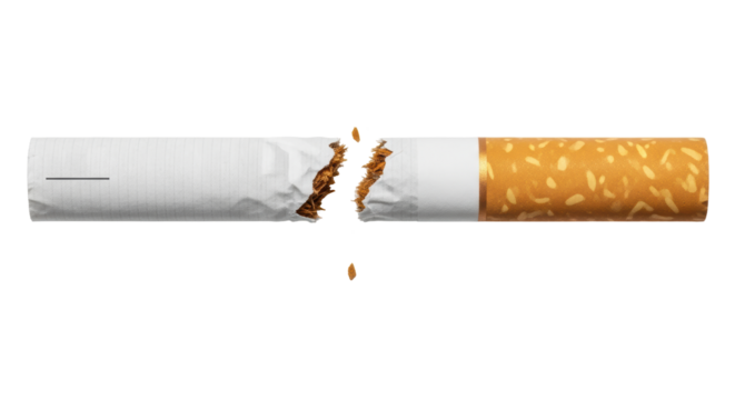 Isolated broken cigarette, quit smoking concept, stop addiction, nicotine addiction, quitting
