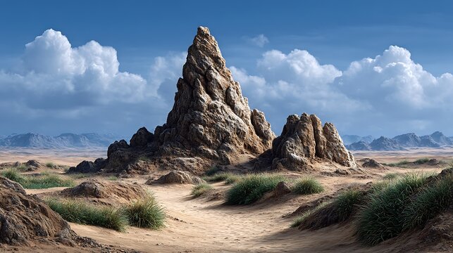In the harsh light of midday, towering dunes stand as silent sentinels in an endless desert of dry, cracked earth and lifeless plains.