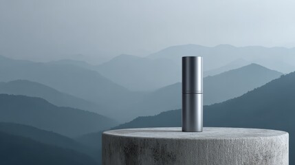 Gray Cylinder Product on Misty Concrete Surface with Mountains Behind