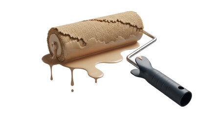 Isolated paint roller with dripping brown paint, renovation tool, painter equipment, diy project