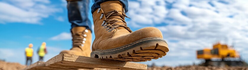 A work boot on a construction site, symbolizing durability and safety in labor.