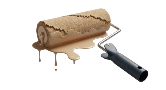 Isolated paint roller with dripping brown paint, renovation tool, painter equipment, diy project