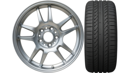 Isolated metallic silver car rim and black tire or tyre for vehicle use, set on display