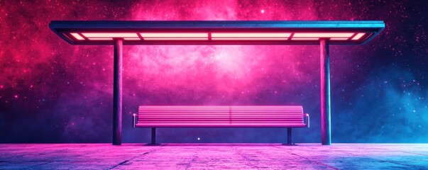 Futuristic bus stop in a cosmic setting with vibrant colors and ethereal atmosphere.