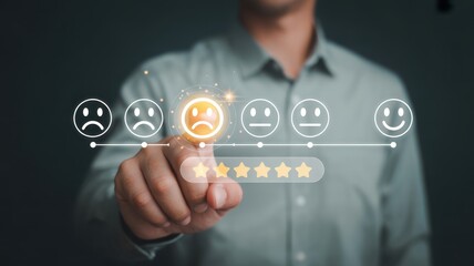 Customer Feedback Interface: A digital interface highlighting user experience feedback with a person, focused on the mid-range, suggesting a neutral or slightly dissatisfied customer response. 