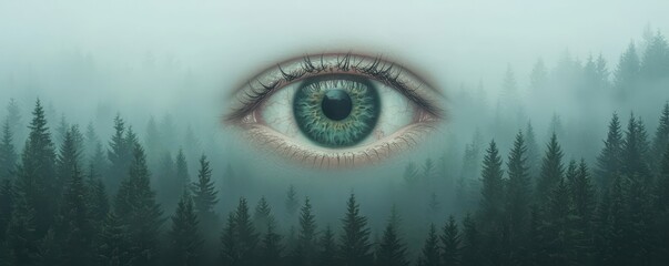 A surreal eye emerging from a misty forest, evoking mystery and nature's connection.