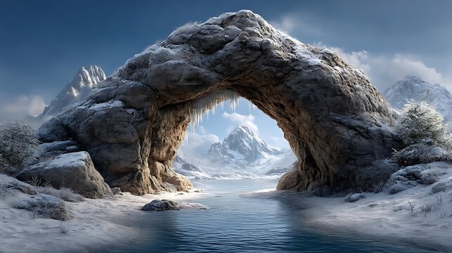 The icy waters of Antarctica hold a magnificent blue iceberg arch, shimmering in the low sun as icicles hang dramatically from its underside, framed by distant hills of snow.