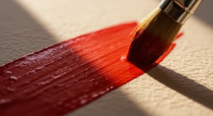 Paint brush with red color on canvas. Art painting creating process. Creative hobby or drawing class concept.