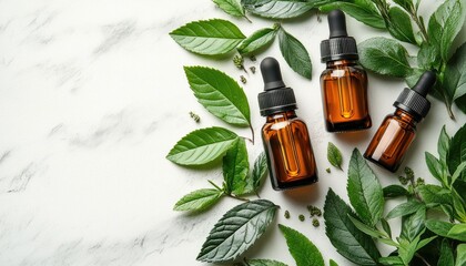 Amber dropper bottles lay on marble, surrounded by fresh green leaves. Great for aromatherapy, essential oils, or natural beauty product concepts.