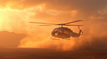 A helicopter flying through a dusty sunset, showcasing dynamic movement and energy.