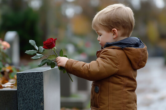 Young child holding a red rose while standing beside a gravestone in a serene cemetery, reflecting on memories and honoring loved ones in a peaceful environment
