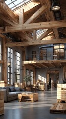 Obraz premium Spacious industrial loft featuring wooden beams and modern furniture in a bright, sunlit interior