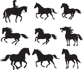 Silhouettes of Horses in Various Poses Running, Jumping, and More