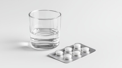A glass of water with a blister pack of white tablets on a clean surface.