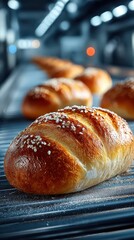 Freshly baked bread rolls cooling on a rack in a bakery during the early morning hours of a busy day