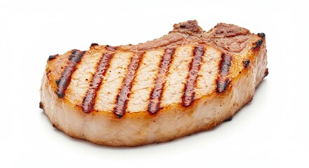 Juicy Grilled Pork Chop with Grill Marks on White Background.