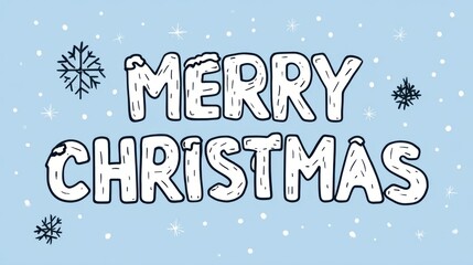 A cute cartoon line drawing of "Merry Christmas" with snowy letters, simple doodle snowflakes, and a clean wintry background