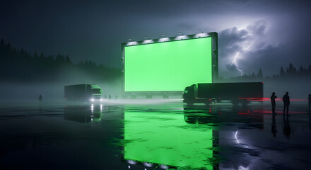 A large green screen stands in a wet, foggy landscape with trucks and figures silhouetted against a stormy sky with lightning.