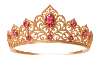 Ornate rose gold tiara with pink gemstones and intricate filigree details.