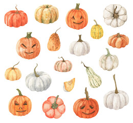 Watercolor autumn bright pumpkins set isolated background. Cozy fall and Halloween collection. Perfect for cards, logo, paper, wrapping, stickers