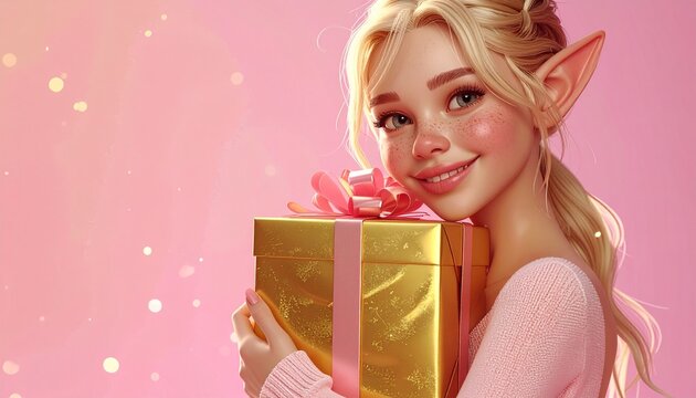 3D render of cheerful cartoon elf hugging shiny golden gift box, soft pink background, perfect for holiday cards, advertising, and seasonal design projects with copy space