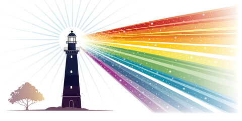 Lighthouse with Rainbow Light Beams and Tree on Transparent Background