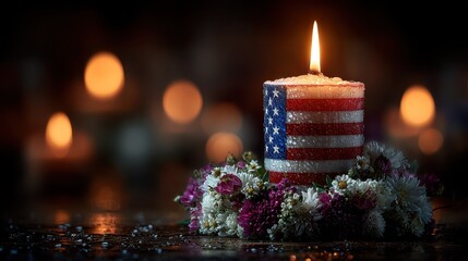 Tribute candle with American flag design and floral arrangement honoring patriotism illuminated at nighttime gathering