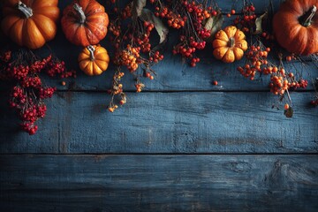 A cozy autumn arrangement featuring vibrant pumpkins and berries on a rustic blue wooden background.
