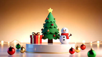 Christmas Scene with Tree, Snowman, and Presents
