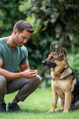 Young man kneeling on grass, interacting with a German Shepherd dog, showcasing a bond between pet and owner in a lush green outdoor setting filled with nature