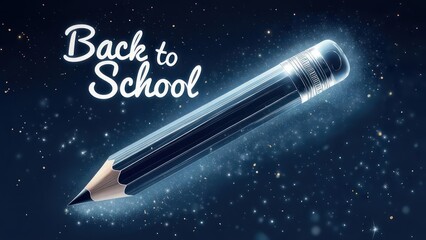 A glowing pencil against a dark starry background, with the words "Back to School" in a stylized script font
