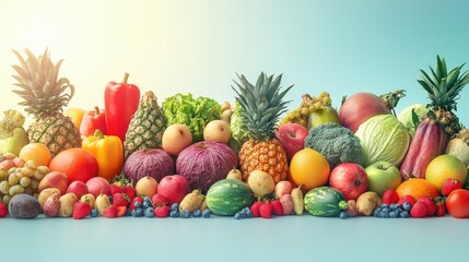 Colorful Arrangement of Fresh Fruits and Vegetables on Table
