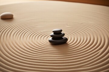 Zen-Garten mit Sand, spiralförmigen Mustern und einem Stein für Ruhe und Meditation