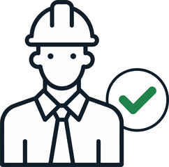 Construction worker icon with a green checkmark on white background person hard hat