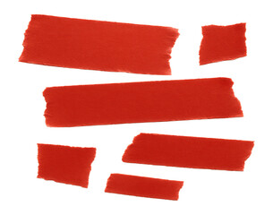Set of realistic red torn adhesive paper tape pieces.