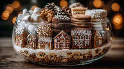 Christmas themed glass bowl with gingerbread houses and assorted sweets for holiday decoration