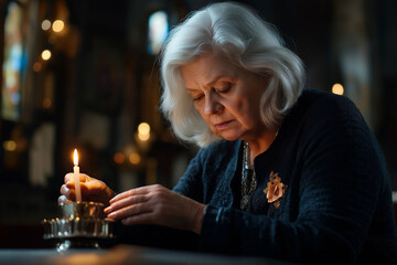 Elderly woman with silver hair lights a candle in a serene setting, surrounded by soft candlelight, symbolizing remembrance, healing, and acceptance of loss in solitude