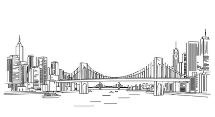 Obraz premium Detailed line art illustration of a city skyline with a bridge urban landscape