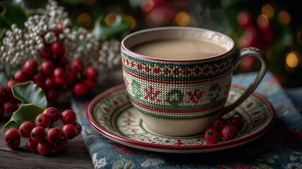 Christmas themed hot tea cup with berries and tea text, warm holiday atmosphere