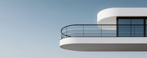 Modern architectural balcony with sleek design against clear sky backdrop.