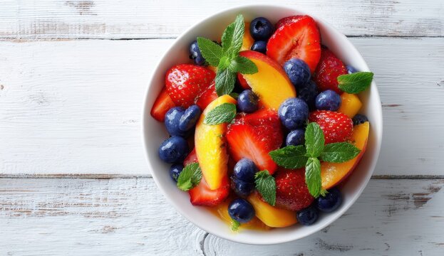 Colorful fruit salad in a white bowl on a white wooden table