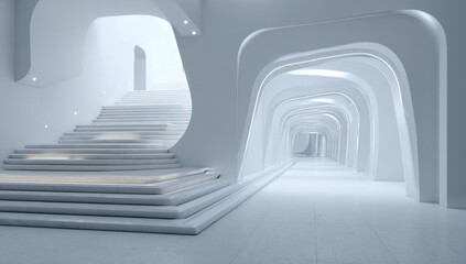 Modern, white hallway with curved walls