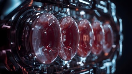 An extreme closeup of a futuristic engine with glowing, bio-mechanical cylinders that contain a pulsating red fluid